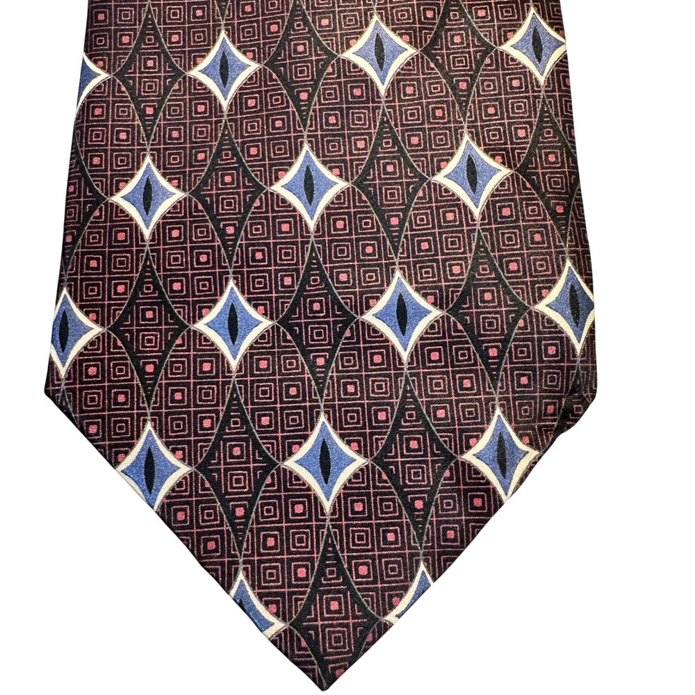 Cape Cod Neckwear Tie Men OS Burgundy Blue Silk Geometric Diamond Classic Office